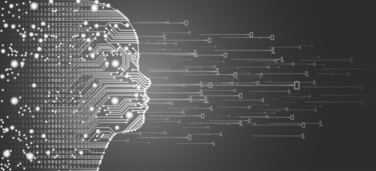 Big data and artificial intelligence concept. Machine learning and cyber mind education concept in form of child face outline with circuit board and binary data flow on silver background. © ryzhi
