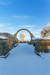 Arch in a monastery with a tree with rimefrost