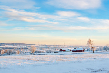 Winter landscape in the countryside with a farm