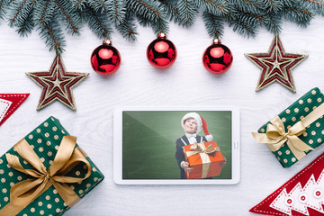 Beautiful celebratory Christmas background. New Year's holidays. Christmas holidays. Beautiful Christmas decorations on the wooden background. Loft style. Mockup