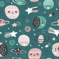 Childish seamless pattern with planets, stars and asteroids. Hand drawn overlapping background for your design. Vector childish pattern for fabric, textile, nursery wallpaper.
