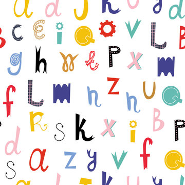 Hand drawn colored alphabet. Vector seamless pattern