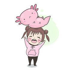 Kawaii girl and gecko. Hand drawn vector illustration