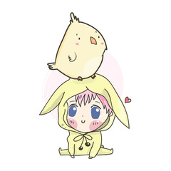Kawaii girl and canary. Hand drawn vector illustration