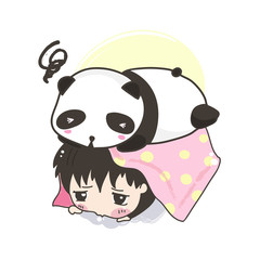 Kawaii girl and panda bear. Hand drawn vector illustration