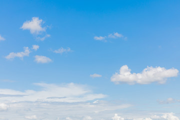 Deep blue sunny sky with white clouds. Blue sky with cloud closeup. White fluffy clouds in the blue sky.