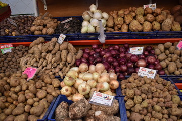 Colorful fresh fruits on the local market Mercado de Nuestra Senora de Africain in Santa Cruz in Tenerife, Europe