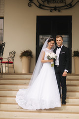 Fototapeta premium Wedding couple meet each other and spend time together