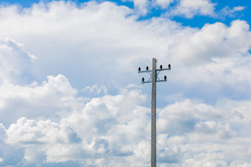 Electrical pole in blue sky background and white cloud.