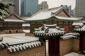 Deoksugung Palace with white snow, Seoul, South Korea