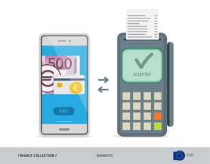 POS Terminal with 500 Euro Banknote. Flat style vector illustration. Finance concept.