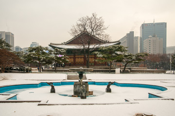 Fototapeta premium Deoksugung Palace with white snow, Seoul, South Korea