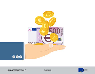 500 Euro Banknote and coins in the palm of hands. Flat style vector illustration. Finance concept.