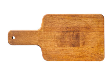 Top view image of old dirty used wooden cutting board isolated at white background.