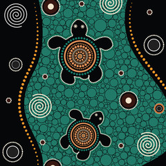 Aboriginal dot art vector painting with turtle. 