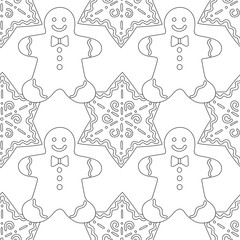 Gingerbread. Black and white illustration for coloring book or page. Christmas, holiday background.