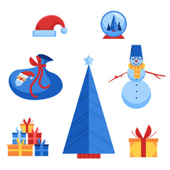 Obraz na płótnie Canvas Vector merry christmas, new year celebration icons set. Cheerful snowman with bucket at head, scarf and sticks arms, christmas tree, santa hat and bag, present boxes, snow glove gift illustration