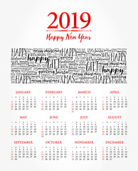 2019 year calendar, Happy New Year Christmas word cloud background, holidays lettering collage