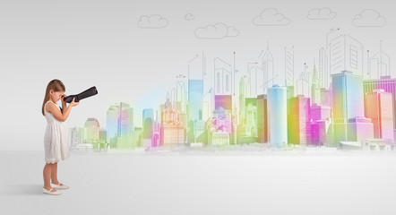 Cute little girl looking through spyglass to a big city
