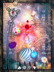 Poster Fantastischer Hintergrund mit meditierenden Figuren und Zauberschlüssel © Rosario Rizzo