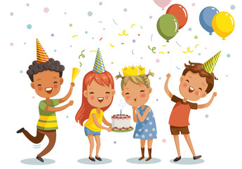 Children birthday party. Happy group of girls and boys having fun together. Vector illustration isolated white background.