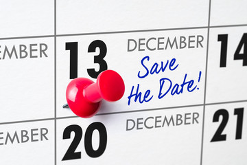 Wall calendar with a red pin - December 13