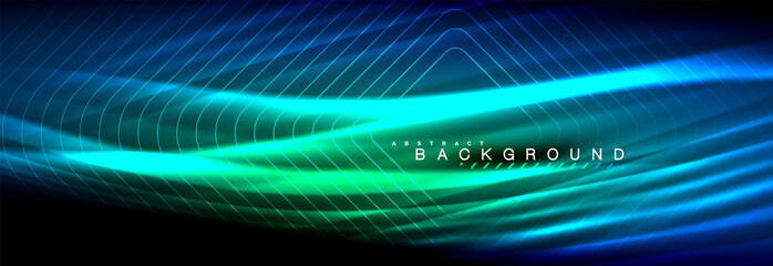 Neon glowing fluid wave lines, magic energy space light concept, abstract background wallpaper design