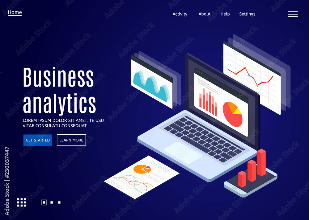 Aufkleber concept business strategy and planning. data analysis. landing page template. vector 3d isometric il