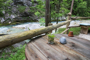 bar table on outdoor terrace beside river - chill out relaxing moment concept
