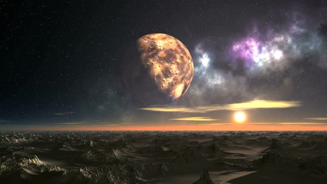 Sunrise over the Alien Desert. A bright sun rises over the rocky desert. Over the hazy horizon float low clouds. In the dark starry sky Nebula and a large planet (moon). 