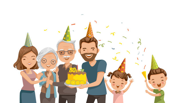 Elderly Birthday Happy Family Celebrates Grandmother's Birthday. Be Surprised With The Cake And The Party. Love The Relationship Of The Loving Family. Happy Time. Cartoon Vector Illustration 