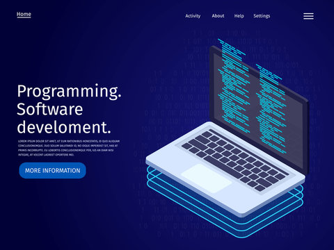 Development of software and programming. Laptop in flat 3d isometric illustration. Landing page template.