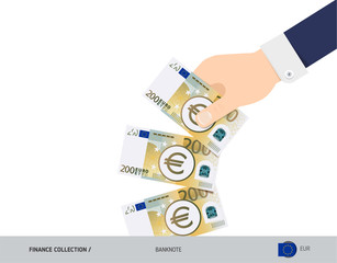 200 Euro Banknotes. Hand throwing banknotes. Flat style vector illustration. Waste of money concept.