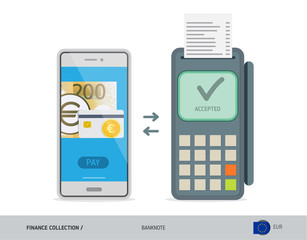 POS Terminal with 200 Euro Banknote. Flat style vector illustration. Finance concept.