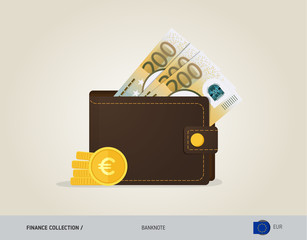 Brown leather wallet with 200 Euro Banknote and coins. Flat style vector illustration. Business concept.