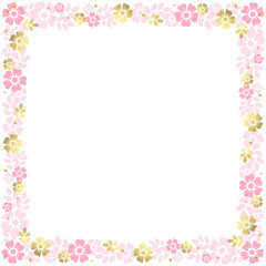 Decorative square frame of pink and golden flowers and leaves on white background for decoration, invitation or wedding, poster, valentines day, valentine, lettering or text, advertising, flower shop