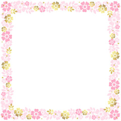 Decorative square frame of pink and golden flowers and leaves on white background for decoration, invitation or wedding, poster, valentines day, valentine, lettering or text, advertising, flower shop