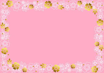 Decorative frame of white outline and golden flowers and leaves on pink background for decoration, invitation or wedding, poster, valentines day, valentine, lettering or text, advertising, flower shop