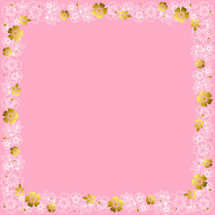 Obraz na płótnie Canvas Decorative square frame of white outline and golden flowers and leaves on pink background for decoration, invitation or wedding, valentines day, valentine, lettering or text, advertising, flower shop