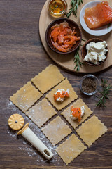 Fototapeta na wymiar ravioli with salmon and cream cheese cooking process
