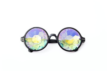 Glasses kaleidoscopes hologram white background isolated. Points are located frontally. eyeglasses points folded in the back.	