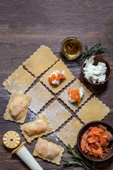 Obraz na płótnie Canvas ravioli with salmon and cream cheese cooking process