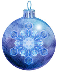 Watercolor violet Christmas ball with snowlake isolated on a white background.