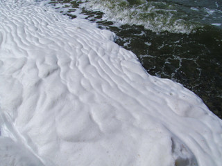 White wrinkled surface of foam made by water waves along a beach, close-up view. Beautiful pattern of natural texture.
