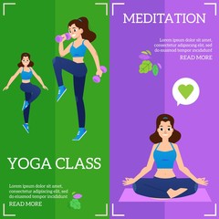 Vector illustration set of sport and healthy lifestyle horizontal banners with young women doing fitness exercises with weights and meditating in yoga class in flat style.
