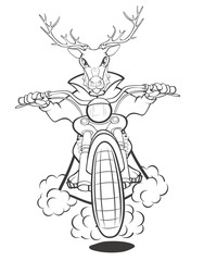 Biker Elk a Motorcycle Cartoon  Illustration. Coloring Book. Outline 