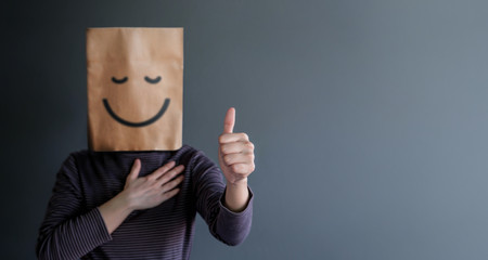 Customer Experience or Human Emotional Concept. Woman Covered her Face by Paper Bag and present Happy Feeling by Drawn Line Cartoon and Body Language