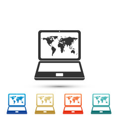 Laptop with world map on screen icon isolated on white background. World map geography symbol. Set elements in colored icons. Flat design. Vector Illustration