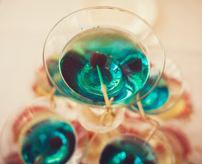 Glasses of Dry Martini, classic cocktail with olives