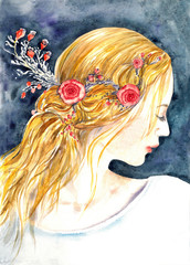 Young and beautiful girl portrait profile (fairy elf look), long blonde hair with red roses, watercolor illustration on dark blue background